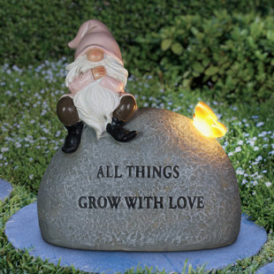 Exhart Solar Hand Painted Gnome Inspirational Love Garden Stone Statue with LED Butterfly