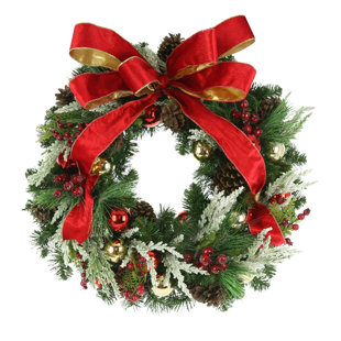CREATIVE DISPLAYS, INC. Holiday Wreath with Snow Branches, Red and Gold Ornaments, Berries, Pinecones and Ribbon