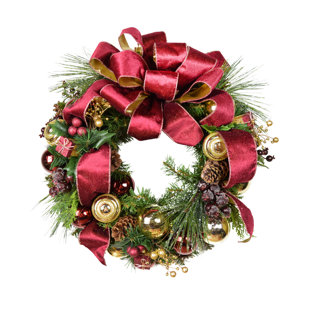 CREATIVE DISPLAYS, INC. Holiday Wreath with Burgundy and Gold Ribbon, Ornaments and Berries Wreath