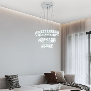 SIMPOL HOME 33W Integrated LED Chandeliers, Crystal Stainless Steel Ceiling Lights, Rings Hanging Lights