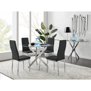 CANORA GREY Tierra Modern Chrome Metal & Glass Round Dining Table Set with 4 Quilted Faux Leather Chairs