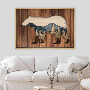 Western Wood Effect Landscape IDEA4WALL Framed Canvas Print Wall Art Wood Panel Double Exposure Bear Forest Nature Wilderness Digital Art Modern Art Decorative Zen Countryside/Farm For Living Room, Bedroom, OfficeFCV-AS21-2206