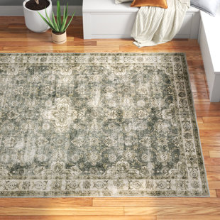 LANGLEY STREET® Houtz Machine Washable Non-Slip Green/Gray/Beige Area Rug Mat