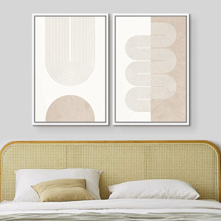 SIGNLEADER " Mid Century Modern Wall Art Pastel Tan White Geometric Wave Ribbons " 2 - Pieces