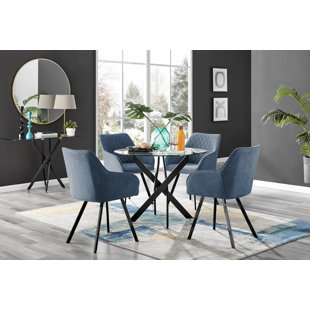 CANORA GREY Tierra Modern Chrome Metal & Glass Round Dining Table Set with 4 Luxury Upholstered Fabric Chairs