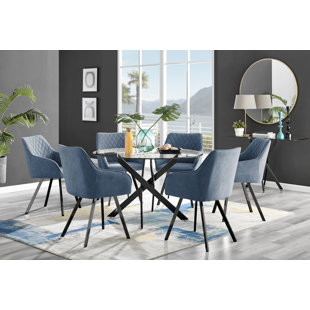 CANORA GREY Tierra Modern Chrome Metal & Glass Round Dining Table Set with Luxury Upholstered Fabric Chairs