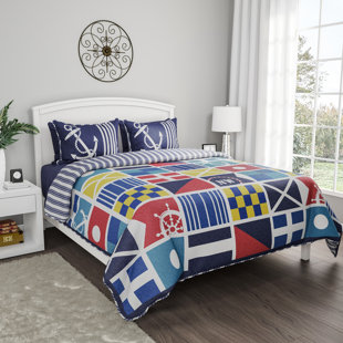 PLYMOUTH HOME Reversible Coastal-Themed Quilt Set with Sham - Hypoallergenic Microfiber Bedding
