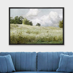 SIGNLEADER Green Meadow Under White Clouds Nature Landscape Farmhouse Wall Art Framed On Canvas Painting Print