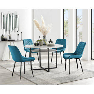 CANORA GREY Adler Modern Concrete Effect Round Dining Table Set with Shelf & 4 Luxury Velvet Dining Chairs