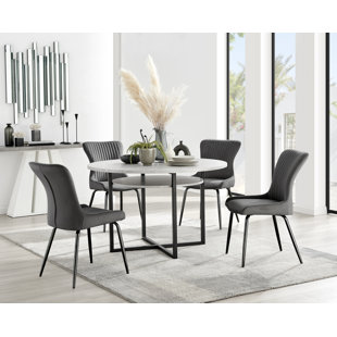 CANORA GREY Round Wood Veneer & Matte Black Dining Table With Storage Shelf & 4 Velvet Dining Chairs
