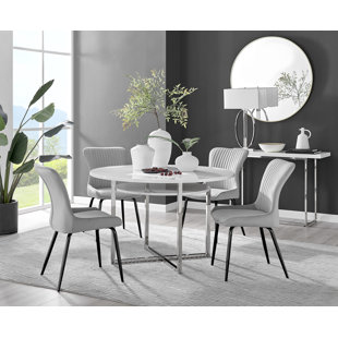 CANORA GREY Round Concrete Effect & Black Legs Dining Table With Storage Shelf & 4 Luxury Velvet Dining Chairs
