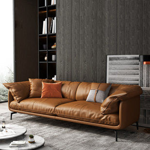 MOMENTY ZIN Italian Minimalist Cowhide Genuine Leather Orange Down Cushion Living Room Sofa