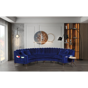 LEGEND FURNITURE 142" Wide Upholstered Tufted Velvet Symmetrical Modular Round-Shaped Curved Sofa