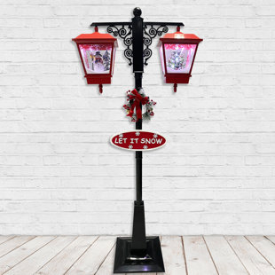FRASER HILL FARM Dual-Lantern Musical Snowy Street Lamp with Snowman and Christmas Tree