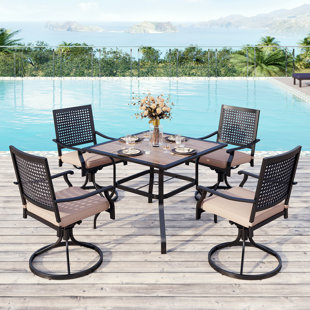 TRENT AUSTIN DESIGN® Horwich Square Wood-like Metal Table For 4 Person 37" Long Dining Set With Swivel Chairs
