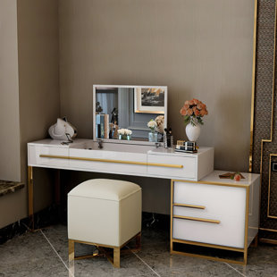 EVERLY QUINN Flip Mirror Makeup Vanity with 4 Drawers and Golden Base