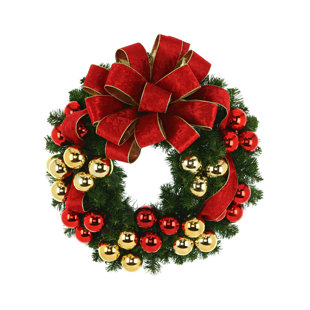 CREATIVE DISPLAYS, INC. Holiday Evergreen Wreath with Gold and Red Ornaments and Red and Gold Bow