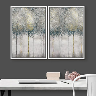 IDEA4WALL Abstract Forest " Pastel Teal Gold Forest Tree " 2 - Pieces