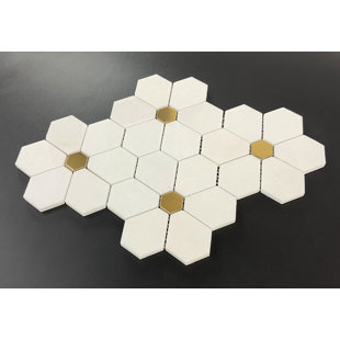 ES STONE MFL Thassos White Marble with Gold Metal Large Daisy Pattern Wall and Floor Mosaic Tile