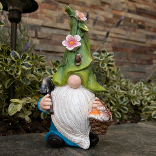 Exhart Hand Painted Leaf Hat Garden Gnome Statuary with Spade and Mushroom Basket