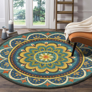 CANORA GREY Round Gillermo Floral Hand Tufted Wool Area Rug in Blue/Teal/Green