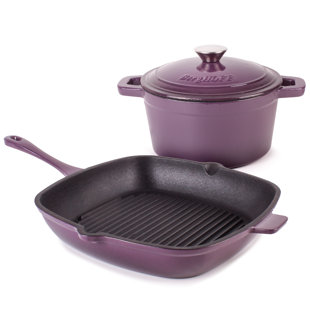 BergHOFF Neo 3pc Cast Iron Cookware Set, Grill Pan & Round Dutch Oven, Purple