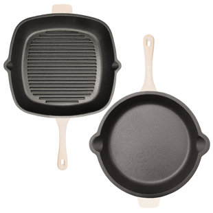 BERGHOFF Neo 2Pc Cast Iron Set: 10" Fry Pan & 11" Grill Pan Set, Oyster