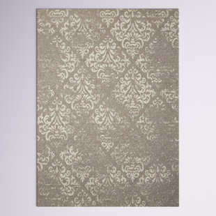 ETTA AVENUE™ Rectangle Aliana Damask Machine Made Power Loom Cotton Area Rug in Taupe/Ivory