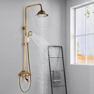 ALENARTWATER Antique Brass Shower System Bathroom Shower Faucet Set with 8 Inch Shower Head Handheld Spray and 360 ° Rotation Tub Spout 2 Cross Handles Outdoor Shower Fixtures