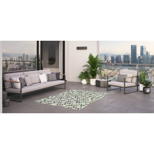 LONGWEAVE Malia Geometric Machine Woven Beige/Teal/Black Area Rug