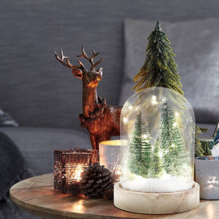 STEELSIDE™ Christmas Tree Cloche Holiday Decoration Lantern Lighted Snowy Glass Globe, Battery-Operated