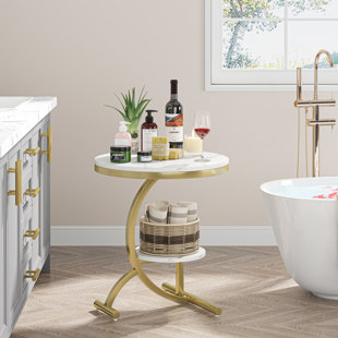 MERCER41 20''2-Tier Wood Faux Marble End Table Round Sofa Side Storage Shelf C-Shaped Coffee Snack Nightstand