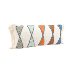 CREATIVE CO-OP Cotton Lumbar Pillow with Embroidery and Fringe