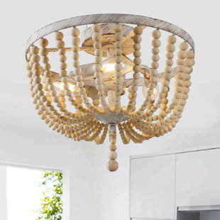 DECOMUST 3-Light 13.58'' French Country Wood Bead Flush Mount Lamp