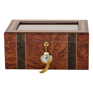 Humidor Supreme Andorra Glasstop Cigar Storage Bubinga And Walnut Burl Wood With Decorative Inlay Spanish Cedar Tray Glass Hygrometer Crystal Humidifier Lock And Key, Holds 40-75 Cigars (Andorra)