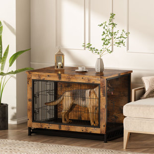 TUCKER MURPHY PET™ Industrial Style Rustic Brown Wooden Dog Kennel With Three Doors, Indoor Pet Furniture Dog Crate End Table