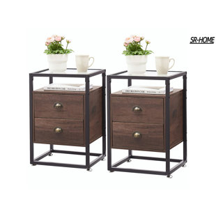 SR-HOME Modern End Side Table,Tempered Glass Nightstand With 2 Drawers And Shelf Decoration In Living Room,Bedroom (Set of 2)