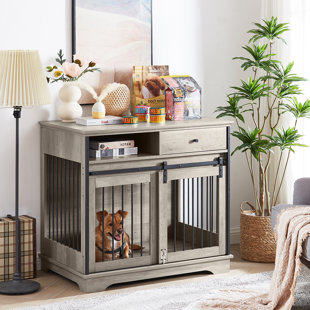 TUCKER MURPHY PET™ Rustic Grey Furniture Style Dog Crate Dog Cage Kennel Barn Door W/ Drawer Open Shelf