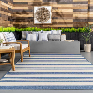 HIGHLAND DUNES Soraya Power Loom Striped Blue Indoor/Outdoor Patio Rug