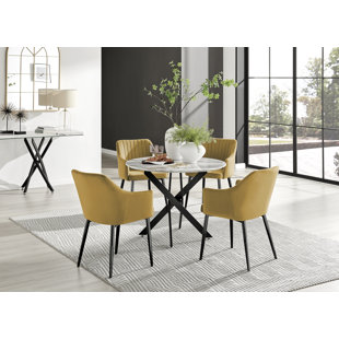 CANORA GREY Tierra Modern Chrome Metal & Glass Round Dining Table Set with 4 Luxury Button Velvet Chairs