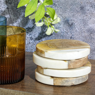 Laurie Gates White Marble And Mango Wood Round 4 Piece Coaster Set (Set of 4)