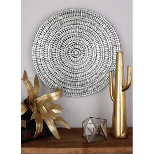 DAKOTA FIELDS Mother of Pearl Shell Handmade Mosaic Plate Gray Wall Decor with Beige and Black Accents