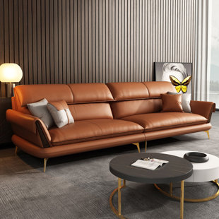 MOMENTY ZIN Italian Minimalist 86.61" Cowhide Leather Grey Ergonomics 3-Seat Sofa For Living Room