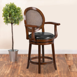DARBY HOME CO Nyo Wood Transitional Style Dining Stool with Arms, Woven Rattan Back and LeatherSoft Swivel Seat