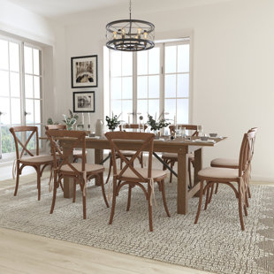 ROSALIND WHEELER Aylar 7' x 40" Rustic Folding Farm Table Set with 8 Cross Back Chairs and Cushions