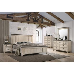 ROSALIND WHEELER Azmeena Cream/Brown Panel Bedroom Set Special King 6 Piece: Bed, Dresser, Mirror, 2 Nightstands, Chest