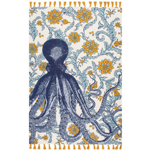 Thomas Paul Octopus Handmade Cotton Tasseled Blue/Orange Rug