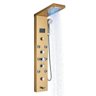 AUGUSTS Shower panel system with LED light mist and rain shower, body spray, handheld, tub spout and temperature display, hydro LED shower tower stainless steel matte black