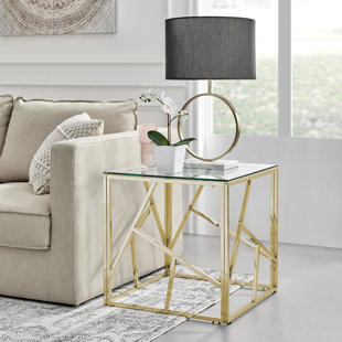 FURNITURE BOX Alma Luxury Frame Glass Side Sofa Table - Modern Glam Design