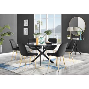 FURNITURE BOX Tierra Modern Chrome Metal & Glass Round Dining Table Set with 6 Luxury Faux Leather Chairs